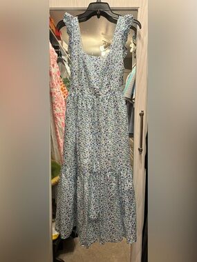 J Crew Blue Floral Square-Neck Tiered Midi Dress